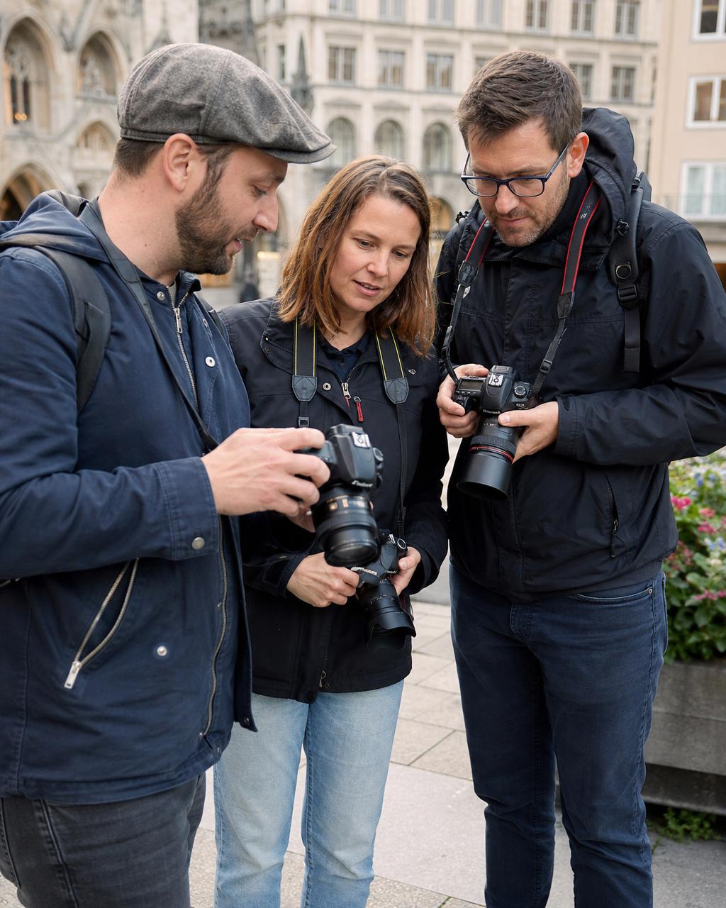 Fotograf erklärt Anfängern die Kameraeinstellungen in der Münchner Innenstadt